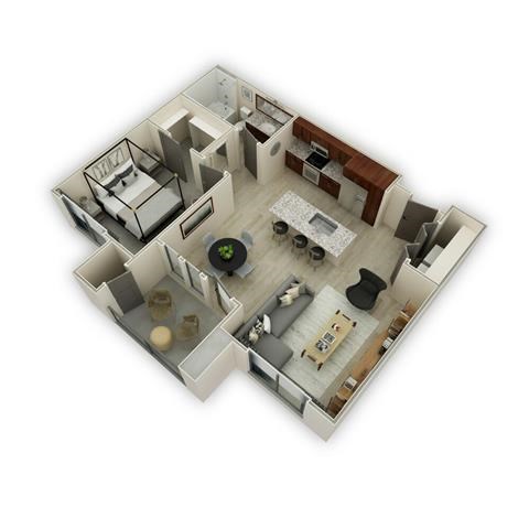 Floor plan for 1 bed, 1 bath, 728 sqft
