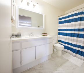 Los Angeles apartment for rent - a bathroom with a blue and white shower curtain and a toilet