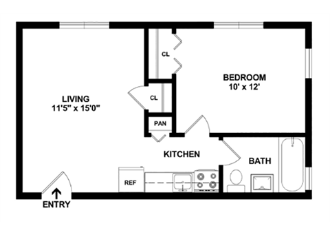 Floor plan for 1 bed, 1 bath, 500 sqft