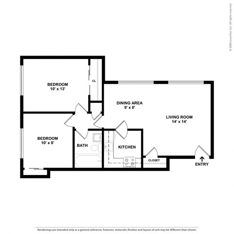 Floor plan for 2 beds, 1 bath, 1000 sqft