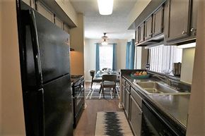 Winston-Salem apartment for rent - a kitchen with a black refrigerator and a sink