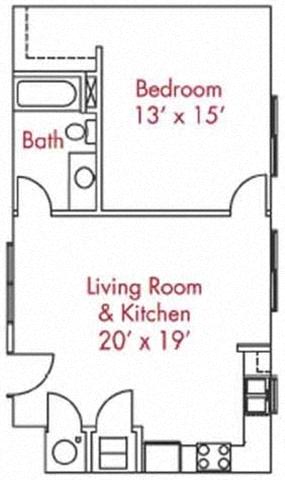 Floor plan for 1 bed, 1 bath, 662 sqft