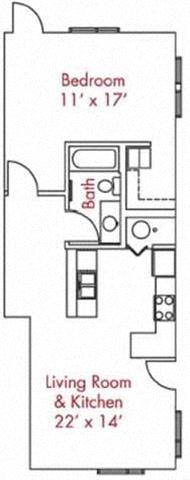 Floor plan for 1 bed, 1 bath, 746 sqft