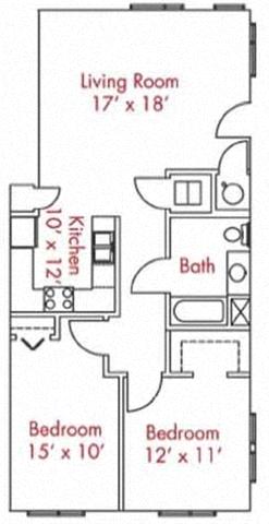 Floor plan for 2 beds, 1 bath, 915 sqft