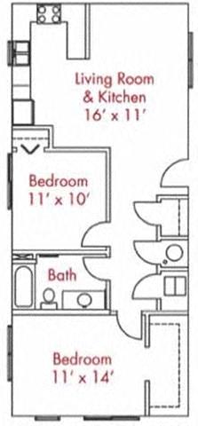 Floor plan for 2 beds, 1 bath, 859 sqft