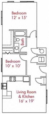 Floor plan for 2 beds, 1 bath, 845 sqft