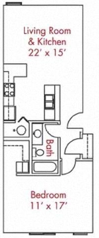 Floor plan for 1 bed, 1 bath, 738 sqft