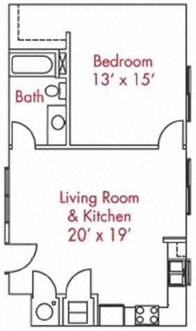 Floor plan for 1 bed, 1 bath, 662 sqft
