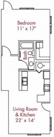Floor plan for 1 bed, 1 bath, 746 sqft