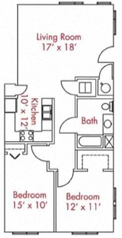 Floor plan for 2 beds, 1 bath, 915 sqft