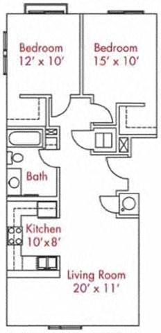 Floor plan for 2 beds, 1 bath, 836 sqft