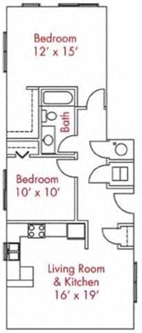 Floor plan for 2 beds, 1 bath, 845 sqft