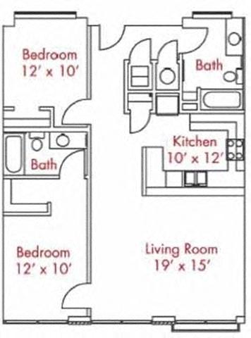 Floor plan for 2 beds, 2 baths, 1037 sqft