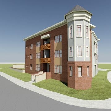 Flagstaff apartment for rent - A 3D rendered image of a two-story apartment building with a balcony on the second floor.