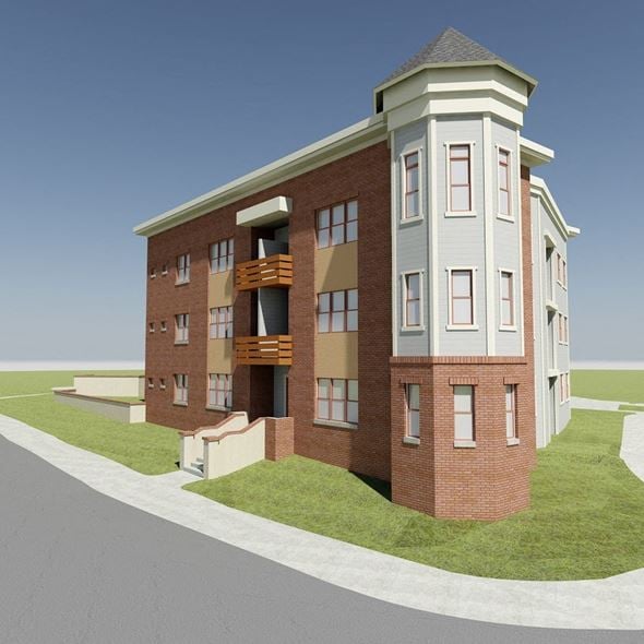 Flagstaff apartment for rent - A 3D rendered image of a two-story apartment building with a balcony on the second floor.