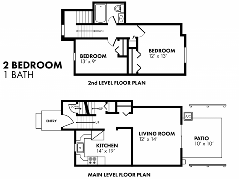 Floor plan for 2 beds, 1 bath, 669 sqft
