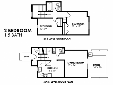 Floor plan for 2 beds, 1.5 baths, 682 sqft