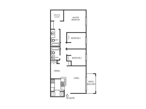 Floor plan for 3 beds, 2 baths, 1150 sqft