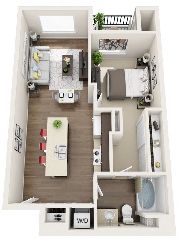 Floor plan for 1 bed, 1 bath, 646 sqft