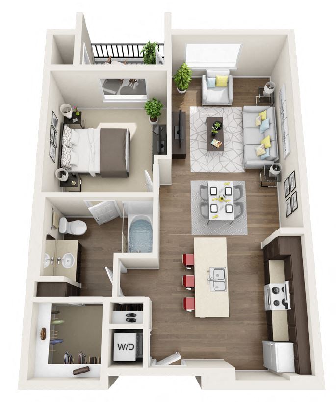 Floor plan for 1 bed, 1 bath, 736 sqft