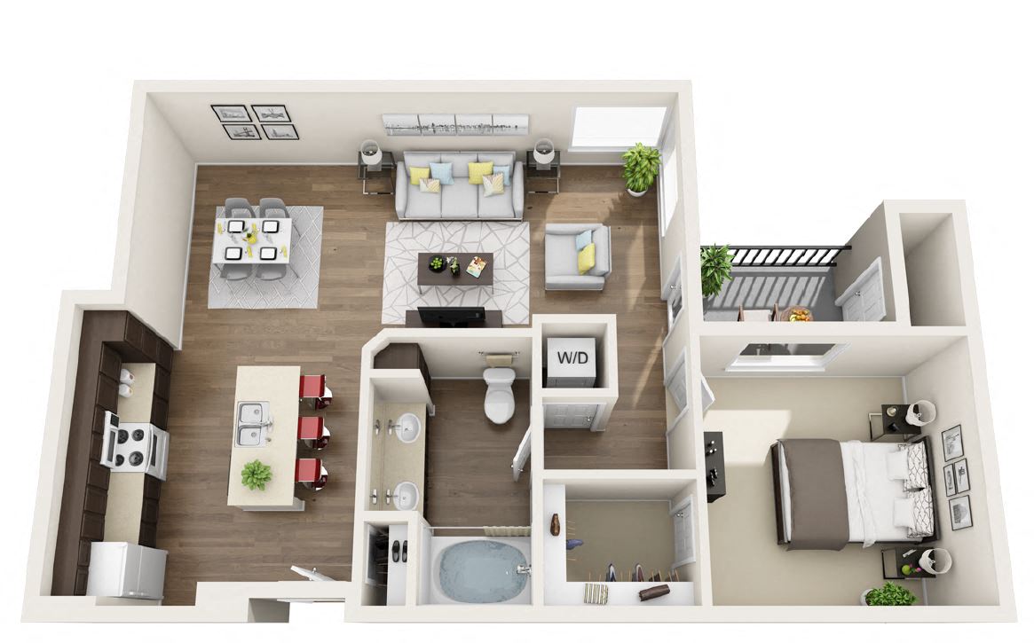 Floor plan for 1 bed, 1 bath, 847 sqft