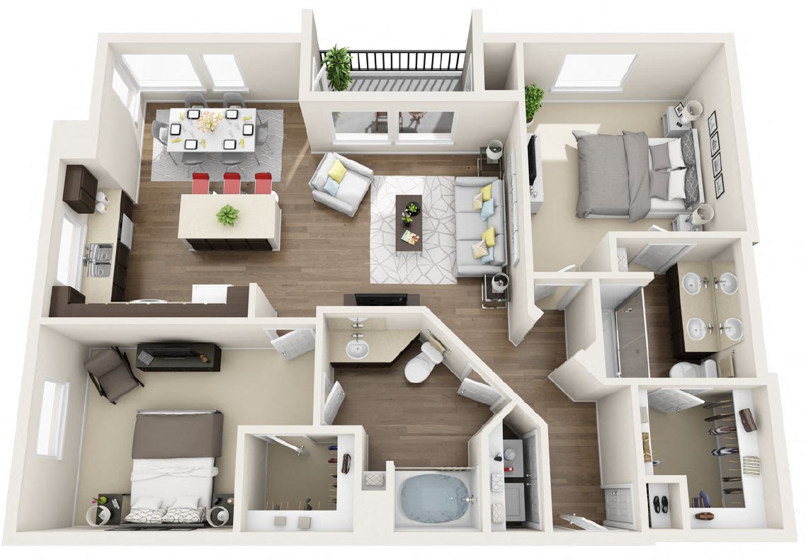 Floor plan for 2 beds, 2 baths, 1259 sqft