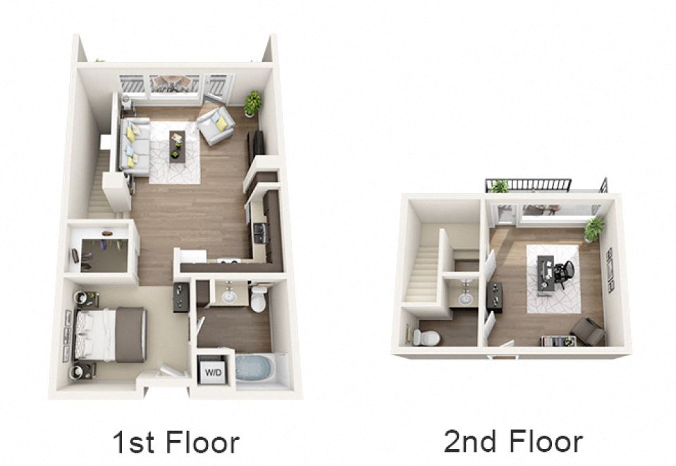 Floor plan for 1 bed, 1.5 baths, 995 sqft
