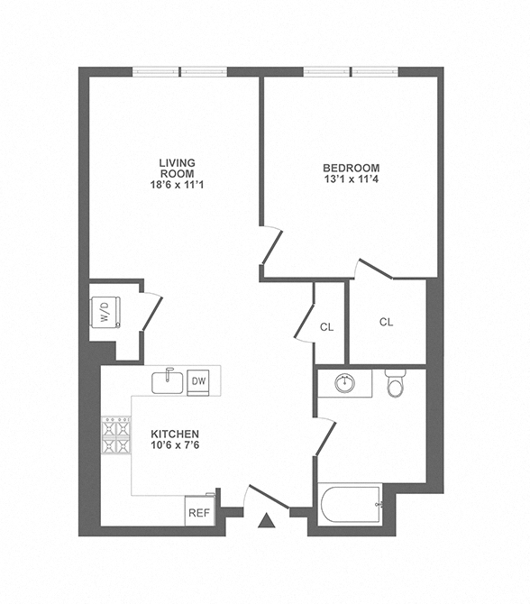 Floor plan for 1 bed, 1 bath, 720 sqft