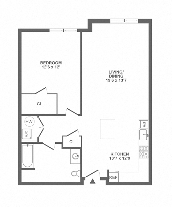Floor plan for 1 bed, 1 bath, 866 sqft
