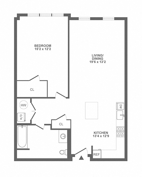 Floor plan for 1 bed, 1 bath, 878 sqft
