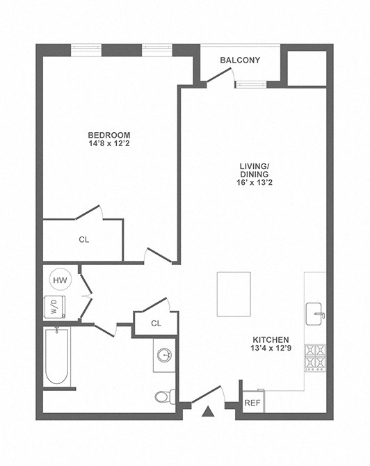 Floor plan for 1 bed, 1 bath, 904 sqft