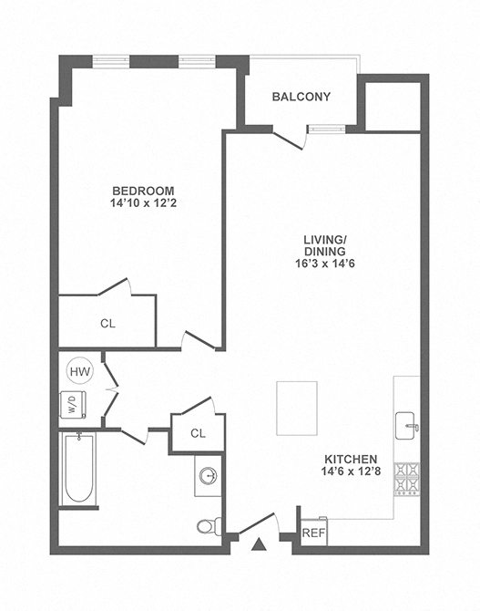 Floor plan for 1 bed, 1 bath, 959 sqft