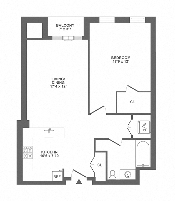 Floor plan for 1 bed, 1 bath, 861 sqft