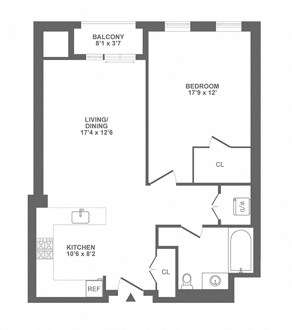 Floor plan for 1 bed, 1 bath, 885 sqft