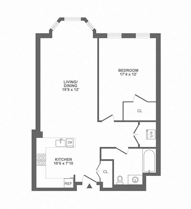 Floor plan for 1 bed, 1 bath, 887 sqft