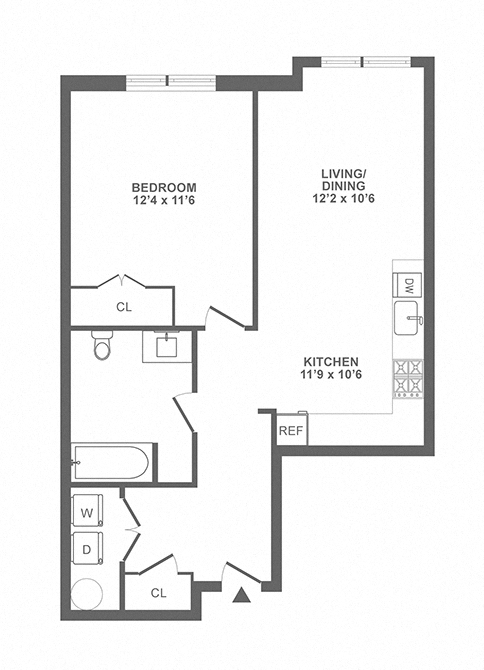 Floor plan for 1 bed, 1 bath, 689 sqft
