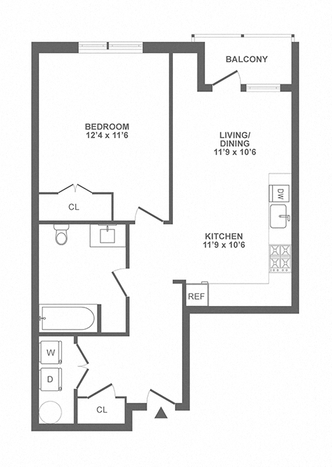 Floor plan for 1 bed, 1 bath, 702 sqft