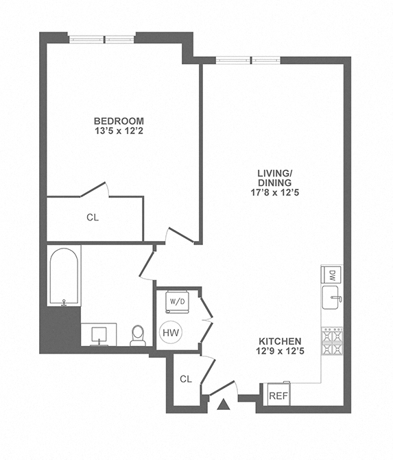 Floor plan for 1 bed, 1 bath, 807 sqft