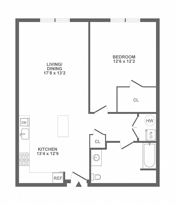 Floor plan for 1 bed, 1 bath, 823 sqft