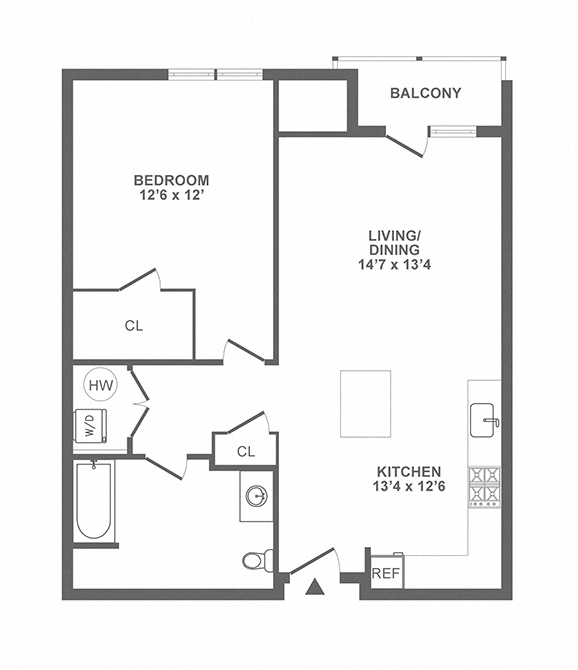 Floor plan for 1 bed, 1 bath, 860 sqft