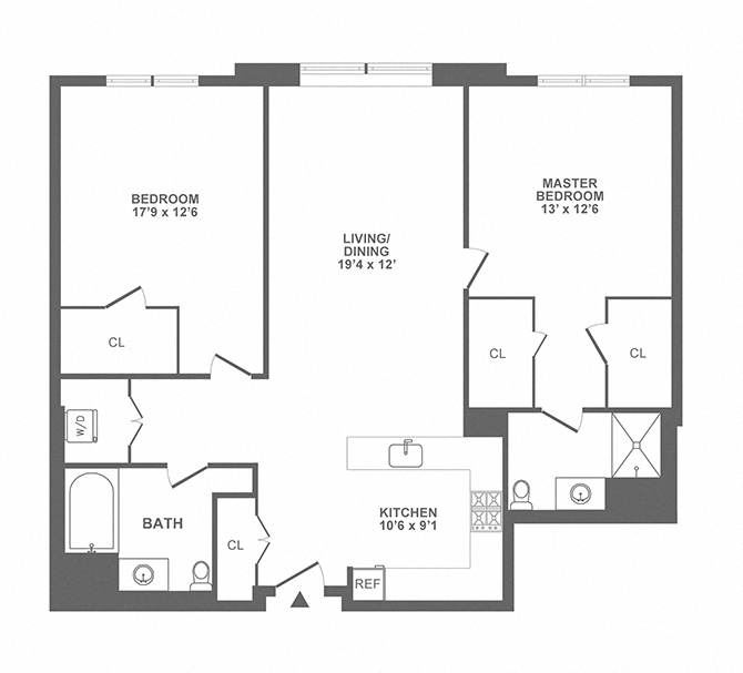 Floor plan for 2 beds, 2 baths, 1227 sqft