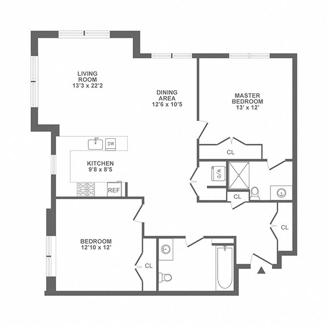 Floor plan for 2 beds, 2 baths, 1247 sqft