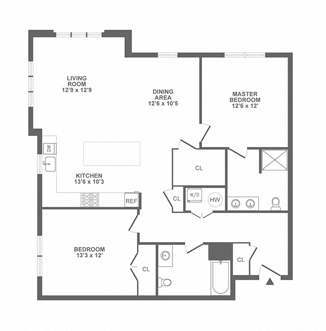 Floor plan for 2 beds, 2 baths, 1252 sqft