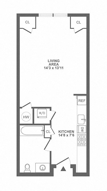 Floor plan for studio, 1 bath, 490 sqft