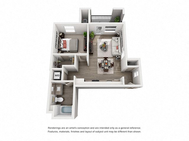 Floor plan for 1 bed, 1 bath, 642 sqft