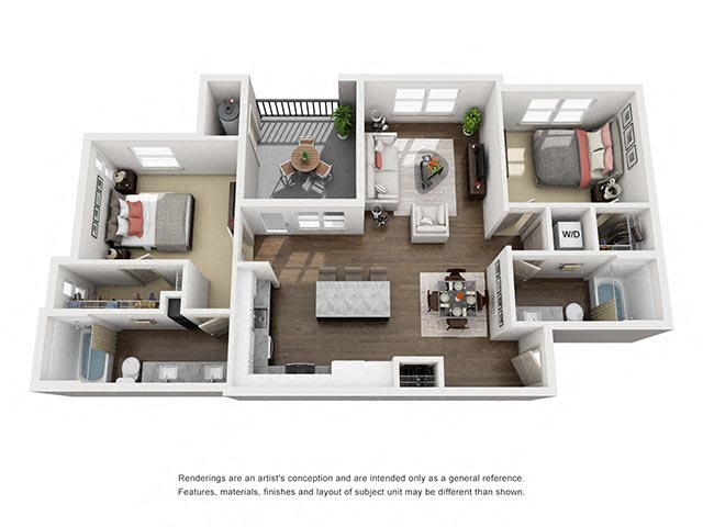 Floor plan for 2 beds, 2 baths, 1044 sqft