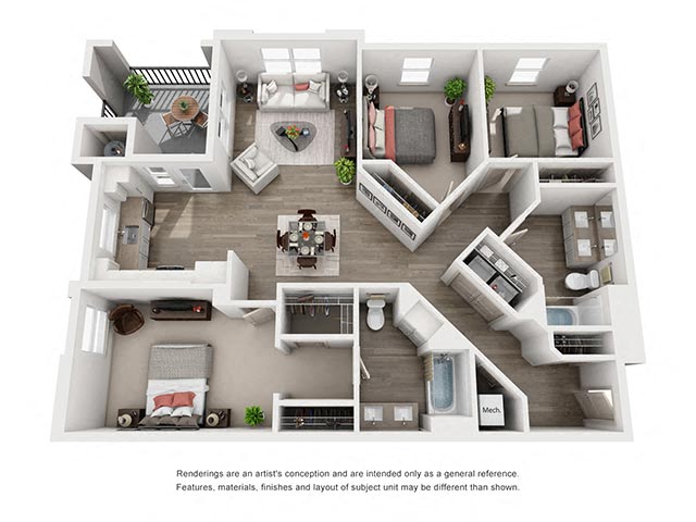 Floor plan for 3 beds, 2 baths, 1379 sqft