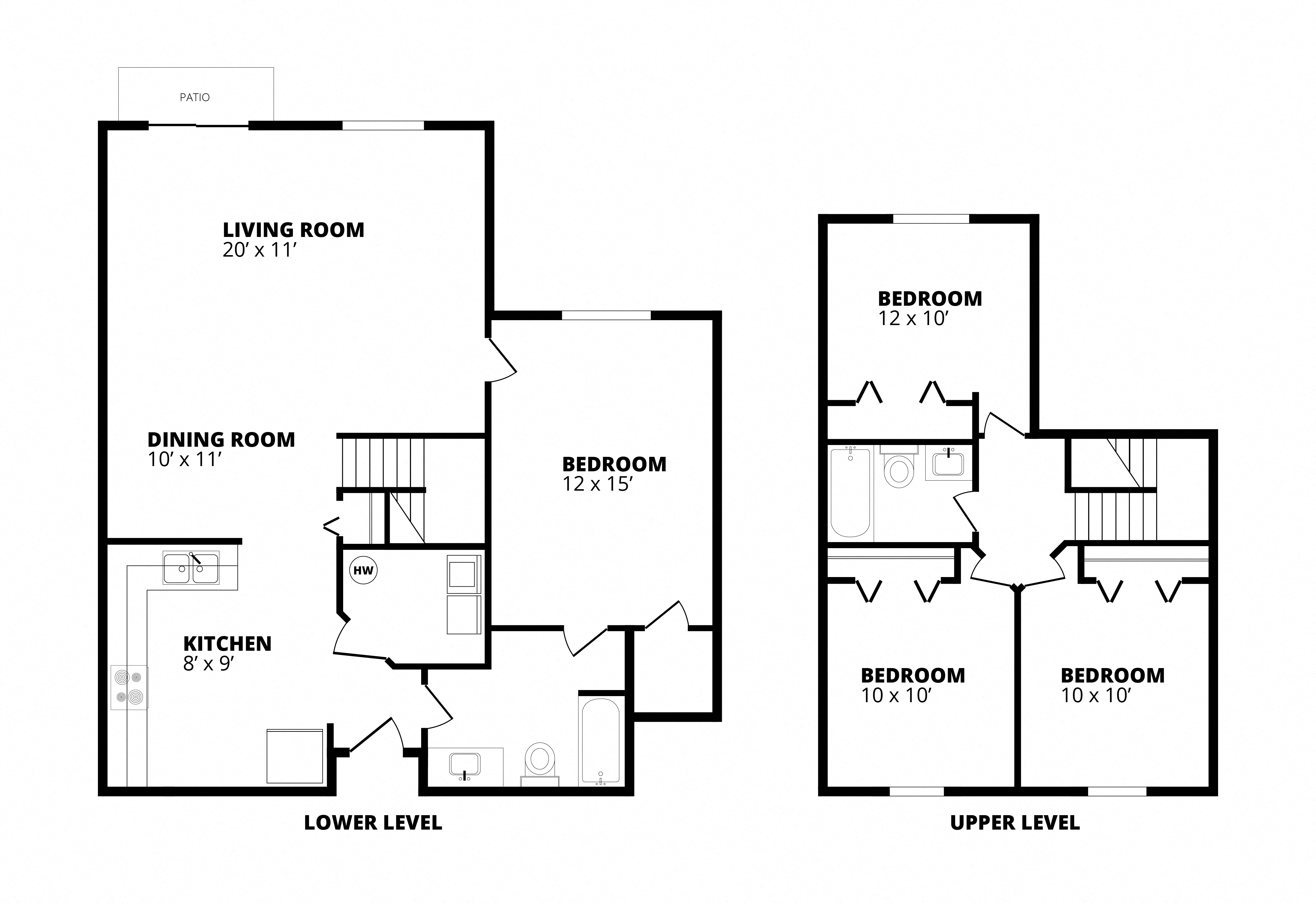 Floor plan for 4 beds, 2 baths, 1390 sqft