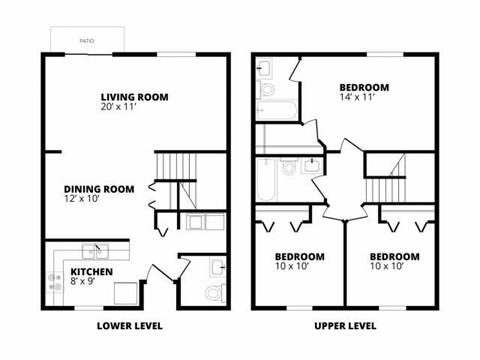 Floor plan for 3 beds, 2.5 baths, 1200 sqft