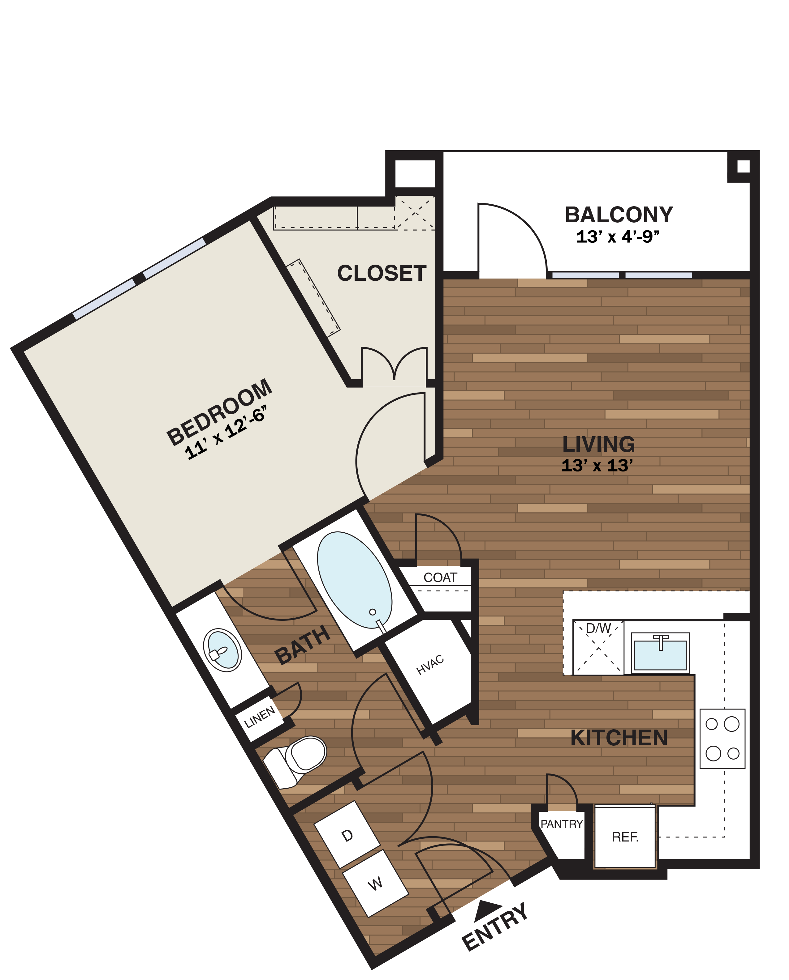 Floor plan for 1 bed, 1 bath, 684 sqft